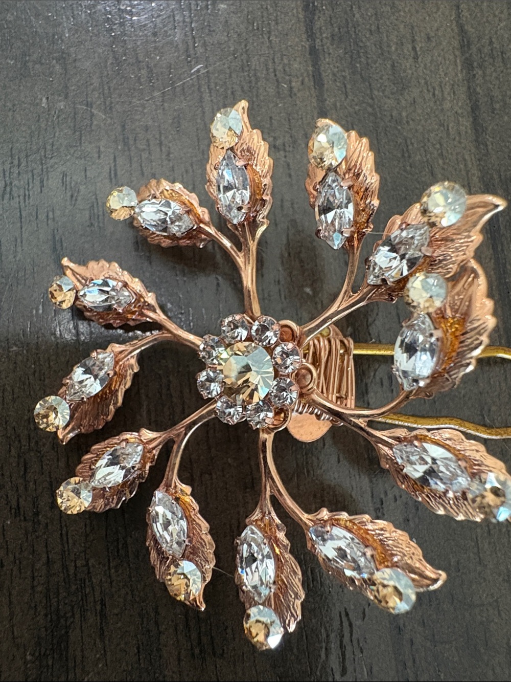 Rose Gold Floral Rhinestone Hair Pin - Picture 4 of 5